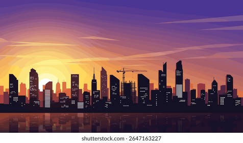 Pixelated Cityscape Silhouette at Sunset Reflection