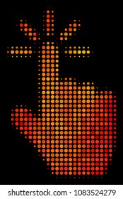 Pixelated click icon. Bright pictogram in fire orange color shades on a black background. Vector halftone mosaic of click pictogram made of circle items.