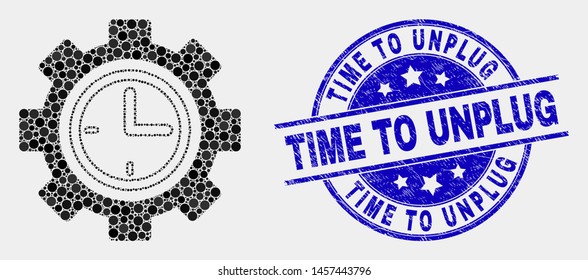 Pixelated clock setup wheel mosaic icon and Time to Unplug seal stamp. Blue vector round scratched seal stamp with Time to Unplug message. Vector composition in flat style.