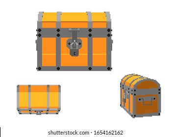 Pixelated Closed treasure vintage wooden chest set. Pixel Art. 3d Vector illustration. Different viewes. Isolated on white background.