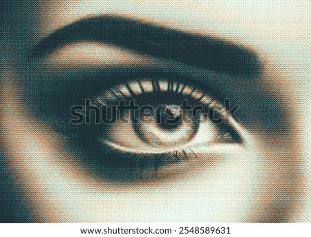 Pixelated close-up beautiful young sexy woman's eye in pixel art dithering style with retro patina hues digital aesthetic. Makeup, cosmetics, beauty salon concepts. Vector illustration in 8-bit style