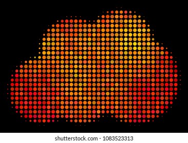 Pixelated cloud icon. Bright pictogram in fire color shades on a black background. Vector halftone concept of cloud symbol made of spheric points.