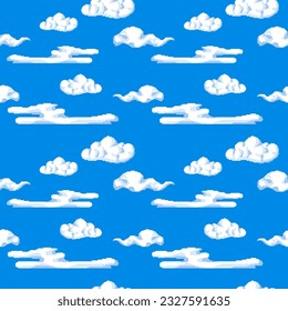 Pixelated clouds on clear sky, white mass for video and 8 bit game development and design. Nature and location of levels. Seamless pattern, wallpaper background or print. Vector in flat style