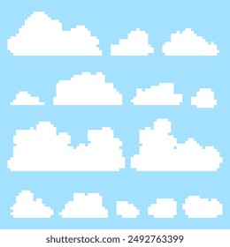 Pixelated clouds set against a light blue background. Perfect for retro-style designs, video game projects, and nostalgic themes, these clouds add a charming 8-bit touch to any creative work.