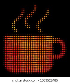 Pixelated coffee cup icon. Bright pictogram in orange color tints on a black background. Vector halftone mosaic of coffee cup icon formed from round items.