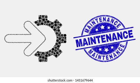 Pixelated cog arrow integration mosaic icon and Maintenance watermark. Blue vector round textured seal stamp with Maintenance text. Vector combination in flat style.