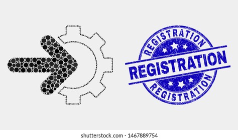 Pixelated cog arrow integration mosaic icon and Registration seal stamp. Blue vector rounded grunge seal stamp with Registration title. Vector collage in flat style.