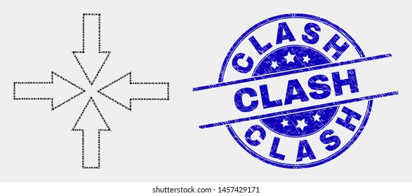 Pixelated collapse arrows mosaic icon and Clash seal. Blue vector round textured seal stamp with Clash phrase. Vector composition in flat style.