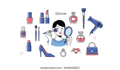 A pixelated collection of makeup essentials and fashion accessories showcasing personal beauty and style