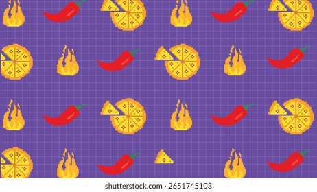 Pixelated collection of soda bottles, fizzy drinks and toppings icons on a rich yellow backdrop. Ideal for vintage-style beverage or snack-related creative projects.