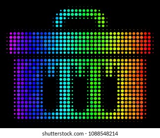 Pixelated colorful halftone analysis icon drawn with rainbow color tinges with horizontal gradient on a black background. Multicolored vector mosaic of analysis symbol constructed from spheric points.