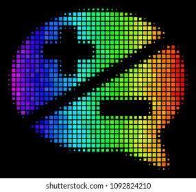 Pixelated colorful halftone arguments icon using spectral color hues with horizontal gradient on a black background. Bright vector concept of arguments illustration combined with rectangular cells.