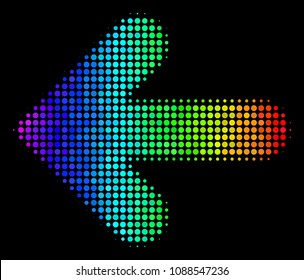 Pixelated colorful halftone arrow left icon using spectrum color tinges with horizontal gradient on a black background. Color vector pattern of arrow left illustration constructed from round cells.