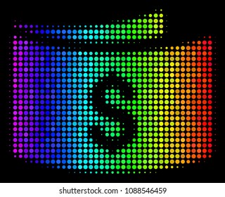 Pixelated colorful halftone banknotes icon in rainbow color shades with horizontal gradient on a black background. Multicolored vector composition of banknotes illustration done of round pixels.