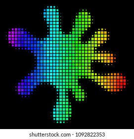 Pixelated colorful halftone blot icon drawn with rainbow color variations with horizontal gradient on a black background. Color vector concept of blot illustration formed from square items.
