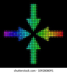 Pixelated colorful halftone collide arrows icon drawn with spectral color tints with horizontal gradient on a black background.