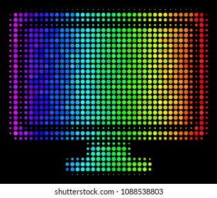 Pixelated colorful halftone computer display icon in spectral color shades with horizontal gradient on a black background.