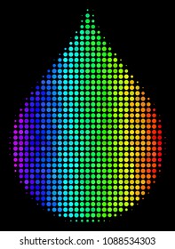 Pixelated colorful halftone drop icon drawn with spectrum color tones with horizontal gradient on a black background. Colored vector collage of drop illustration constructed from round points.