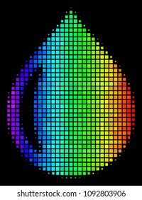 Pixelated colorful halftone drop icon using spectral color hues with horizontal gradient on a black background. Colored vector concept of drop illustration created with rectangular points.