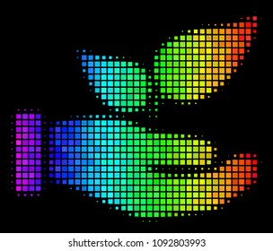 Pixelated colorful halftone eco startup hand icon drawn with spectral color tinges with horizontal gradient on a black background.