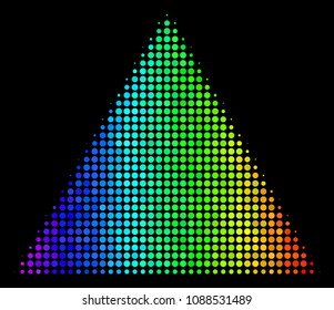 Pixelated colorful halftone filled triangle icon in spectrum color tones with horizontal gradient on a black background.