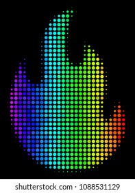 Pixelated colorful halftone fire flame icon drawn with rainbow color tinges with horizontal gradient on a black background. Color vector mosaic of fire flame pictogram created from circle elements.