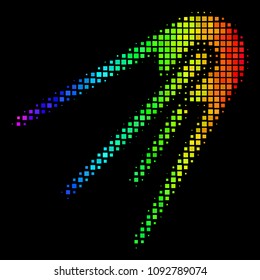 Pixelated colorful halftone first satellite icon using spectrum color tints with horizontal gradient on a black background.