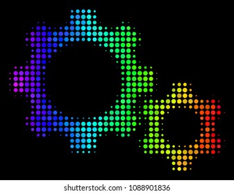 Pixelated colorful halftone gears icon drawn with spectral color hues with horizontal gradient on a black background. Color vector concept of gears pictogram created from circle particles.