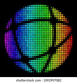Pixelated colorful halftone network icon using rainbow color hues with horizontal gradient on a black background. Colored vector composition of network illustration constructed with rectangle items.