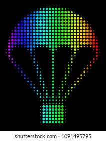 Pixelated colorful halftone parachute icon drawn with spectral color tones with horizontal gradient on a black background. Multicolored vector pattern of parachute symbol composed from round points.