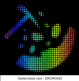 Pixelated colorful halftone rocks mining icon in spectral color tinges with horizontal gradient on a black background. Color vector collage of rocks mining symbol created with round dots.