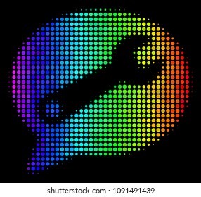Pixelated colorful halftone service message icon drawn with spectral color tints with horizontal gradient on a black background.