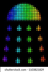 Pixelated colorful halftone spray stream icon drawn with rainbow color tones with horizontal gradient on a black background. Bright vector mosaic of spray stream pictogram made of rectangle points.