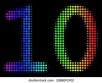 Pixelated colorful halftone ten digits text icon using rainbow color shades with horizontal gradient on a black background.