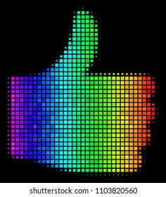 Pixelated colorful halftone thumb up icon using spectrum color tints with horizontal gradient on a black background. Color vector mosaic of thumb up pictogram organized with rectangle matrix cells.