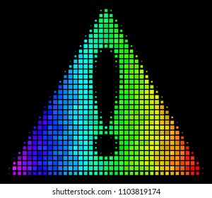 Pixelated colorful halftone warning icon drawn with spectrum color tints with horizontal gradient on a black background. Colored vector composition of warning pictogram done of square particles.