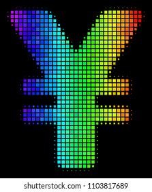 Pixelated colorful halftone yen icon drawn with rainbow color hues with horizontal gradient on a black background. Colorful vector concept of yen pictogram designed of rectangle elements.