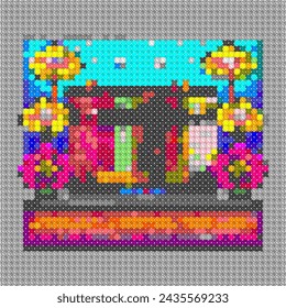 Pixelated colorful houses in a park