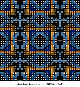 Pixelated colorful mosaic seamless pattern. Vector digital background. Geometric halftone backdrop. Tribal ethnic style squares pixel ornament. Modern decorative textured design. Square shapes, dots.