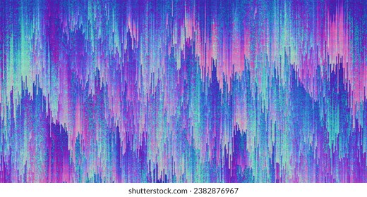 Pixelated colorful noise background with dithering effect. Iridescent pixel sorting glitch style. Colorful mosaic pixel art texture in vibrant neon colors. Vector background