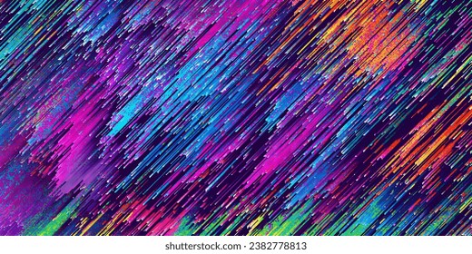 Fondo diagonal de ruido colorido pixelado con efecto de vaciado. Estilo de fallo de ordenación de píxeles. Colorida textura de píxeles de mosaico en colores de neón. Ruido futurista de líneas rayadas. Fondo del vector