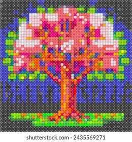 Pixelated colorful tree artwork on mosaic background