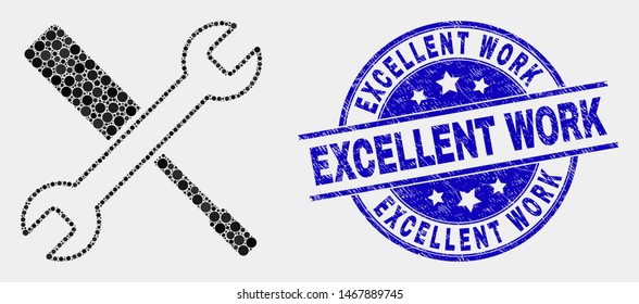 Pixelated configuration tools mosaic pictogram and Excellent Work seal stamp. Blue vector round textured seal stamp with Excellent Work phrase. Vector collage in flat style.