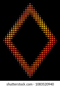 Pixelated contour rhombus icon. Bright pictogram in orange color hues on a black background. Vector halftone composition of contour rhombus pictogram designed from spheric points.