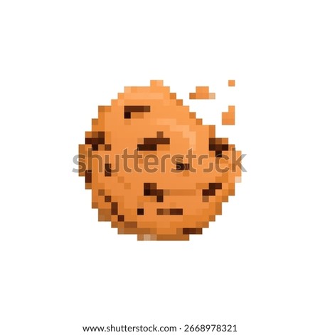 Pixelated cookie icon with distinct chocolate chips and a missing chunk, designed in a mosaic style.