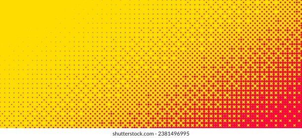 Pixelated corner gradient texture. Yellow orange dither diagonal pattern background. Abstract glitchy pattern. 8 bit video game screen wallpaper. Pixel art retro illustration. Vector bitmap backdrop