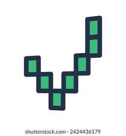 Pixelated correct vote mark. Green pixel check mark, abstract techno element for modern and retro technological design. Simple color vector pictogram isolated on white background
