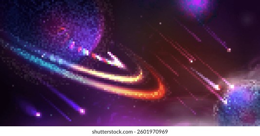 Pixelated  cosmic galaxy with planets and shooting stars.  Futuristic space abstract background instyle Pixel art