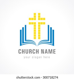 Pixelated cross and open book logo. Religious creative christian logotype. Distant educate symbol. Isolated abstract graphic web design template. Phone app brand concept, internet live stream sign.