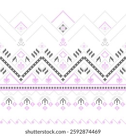 Pixelated cross stitch design with traditional Ukrainian motifs. Geometric and floral vector illustration in pink, black and grey colors on a white background. Perfect for fabric print design.
